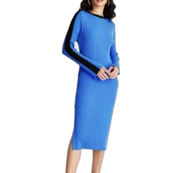 FUTURE COLLECTIVE Dress, XL, Blue Ribbed Knit, Side Buttons, Long sleeve, Stripe - Picture 15 of 15